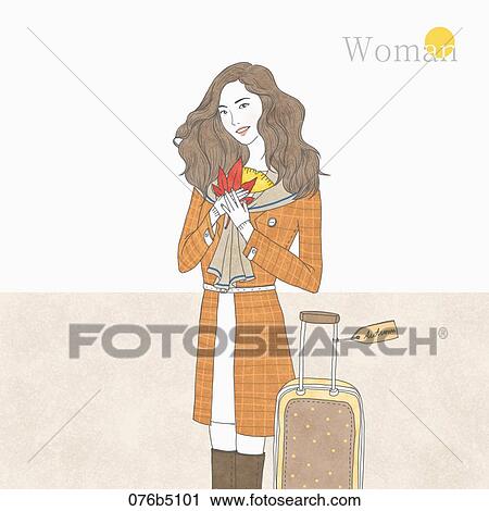 Clip Art - The woman holding red colored leaf with suitcase . Fotosearch