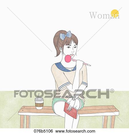 The woman holding the red pencil and note on the bench View Large Illustration Stock Illustration - The woman holding the red pencil and note on the bench . Fotosearch