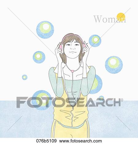 Stock Illustration - The woman listening to the music with the headset on . Fotosearch