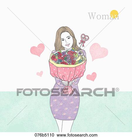 The woman presenting a bouquet of red rose View Large Illustration Clipart - The woman presenting a bouquet of red rose. Fotosearch