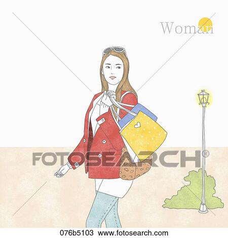 Drawing - The woman walking with shopping bags by the street light. Fotosearch