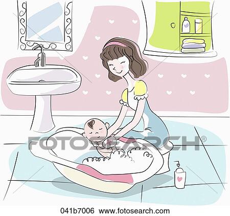 Stock Illustration - The woman washing the baby. Fotosearch