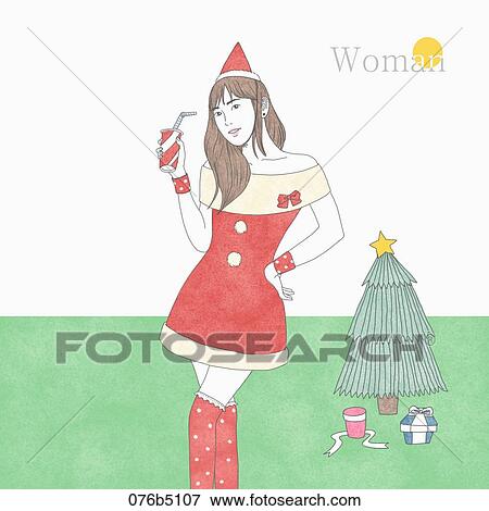 Stock Illustration - The woman wearing the Christmas costume with a tree. Fotosearch