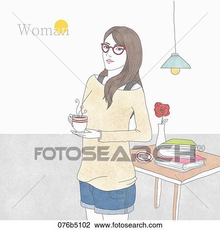 Drawing - The woman with a cup of coffee . Fotosearch