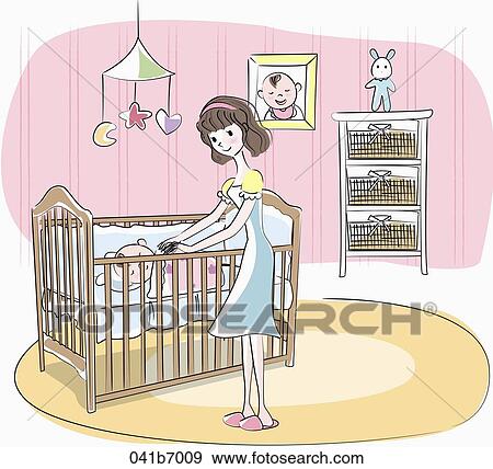The woman with sleeping baby in the bed View Large Illustration Stock Illustration - The woman with sleeping baby in the bed. Fotosearch