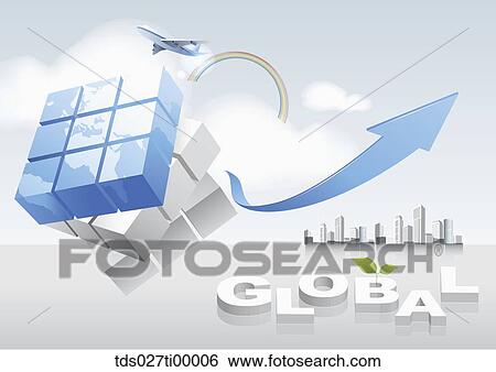 Stock Illustration - The world map cube, blue arrow, flying airplane, sky scrapers with global blocks. Fotosearch