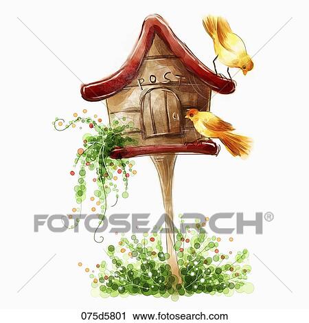 The yellow and orange colored birds around the red roof post box View Large Illustration Clip Art - The yellow and orange colored birds around the red roof post box. Fotosearch