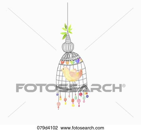 Drawing - The yellow and pink bird in the colorful cage. Fotosearch