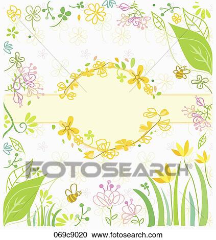 Clipart - The yellow flower circle and line with the colorful flower and leaf around. Fotosearch