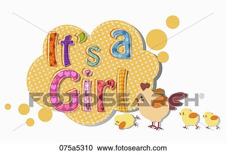 Clipart - The yellow hen and chick with 'It's a girl' notice. Fotosearch