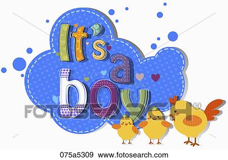 The yellow hen and chick with 'It's a boy' notice View Large Illustration Stock Illustration - The yellow hen and chick with 'It's a boy' notice. Fotosearch