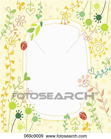 Stock Illustration - The yellow lined oval with the ladybug, flower, and leaf around. Fotosearch