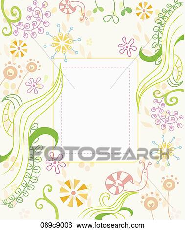 Stock Illustration - The yellow lined rectangle with the snail, flower, leaf around. Fotosearch