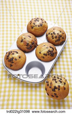 The chocolate chip muffin in the baking mold View Large Photo Image Stock Photo - The chocolate chip muffin in the baking mold . Fotosearch