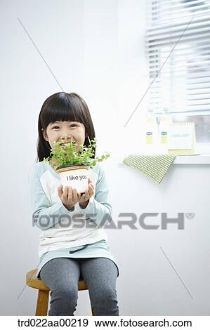 Stock Photo - The girl holding the green plant pot on the chair. Fotosearch