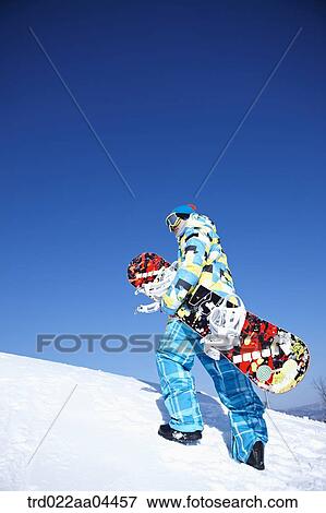 Stock Photo - The man wearing snowboarding wear with the snowboard. Fotosearch