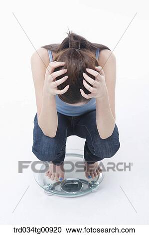 The stressful woman on the weighing scale View Large Photo Image Stock Image - The stressful woman on the weighing scale. Fotosearch