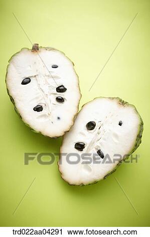 Stock Image - The sugar apple in half with the green background. Fotosearch