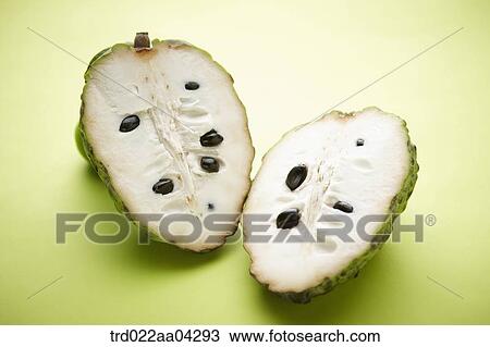 Stock Image - The sugar apple in half with the green background. Fotosearch