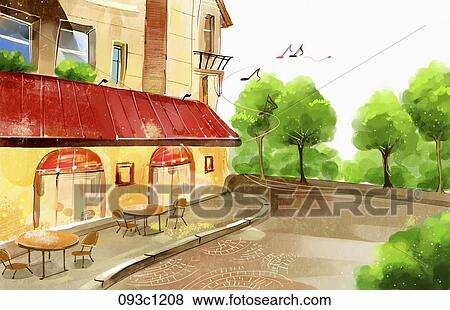 カフェ そして 通り 風景 イラスト 093c18 Fotosearch