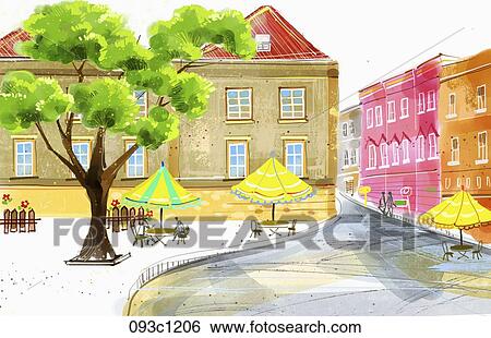 建物 そして 通り 風景 イラスト 093c16 Fotosearch