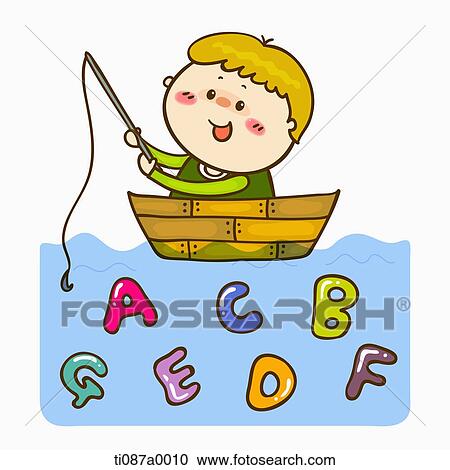 Clipart - A boy fishing the alphabet on the boat. Fotosearch