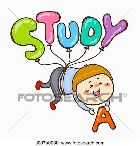 A boy flying with the 'Study' balloons View Large Illustration Clipart - A boy flying with the 'Study' balloons. Fotosearch