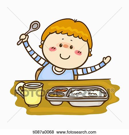 Stock Illustration - A boy having the school lunch. Fotosearch