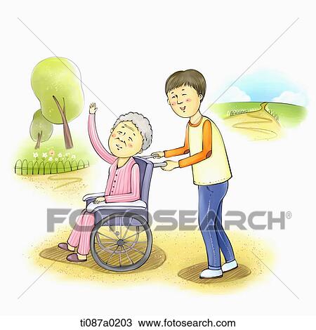 Drawing - A boy helping an old woman in wheelchair. Fotosearch