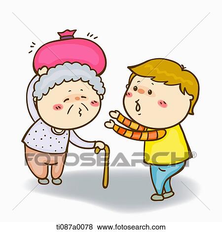 Stock Illustration - A boy helping the old woman. Fotosearch