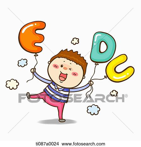 Stock Illustration - A boy holding up the 'EDU' balloons. Fotosearch