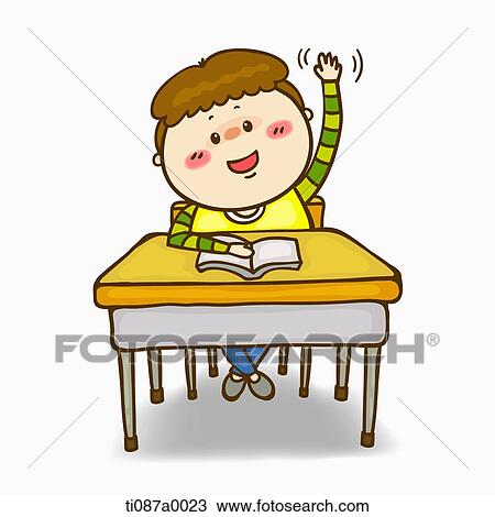 Drawing - A boy raising his hand in the classroom. Fotosearch