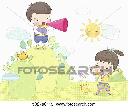 A boy speaking through loudspeaker to a girl View Large Illustration Stock Illustration - A boy speaking through loudspeaker to a girl . Fotosearch