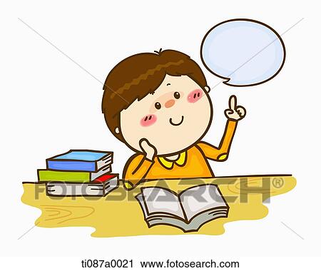 Clip Art - A boy thinking with books. Fotosearch