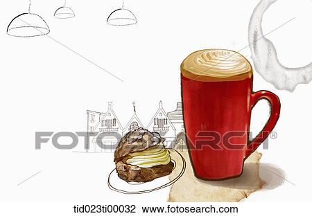 A cup of coffee and a piece of bread View Large Illustration Drawing - A cup of coffee and a piece of bread. Fotosearch