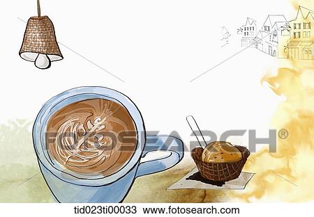 A cup of coffee and a piece of bread View Large Illustration Drawing - A cup of coffee and a piece of bread. Fotosearch