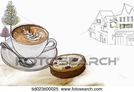 Stock Illustration - A cup of coffee and a piece of cake. Fotosearch