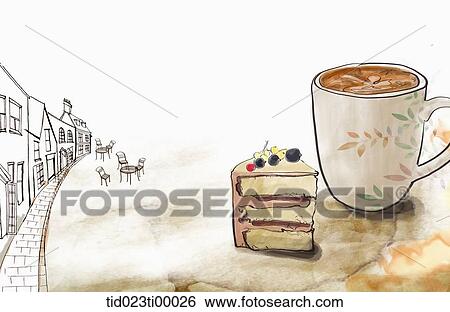A cup of coffee and a piece of cake View Large Illustration Stock Illustration - A cup of coffee and a piece of cake. Fotosearch