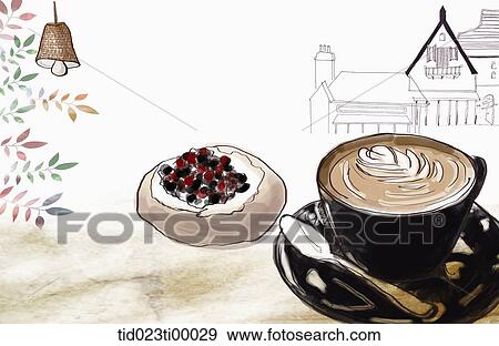 A cup of coffee and a piece of cake View Large Illustration Stock Illustration - A cup of coffee and a piece of cake. Fotosearch