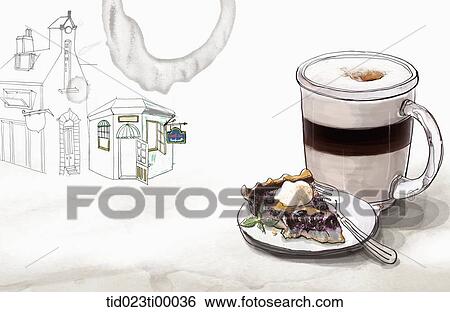A cup of coffee and a piece of pie View Large Illustration Stock Illustration - A cup of coffee and a piece of pie. Fotosearch
