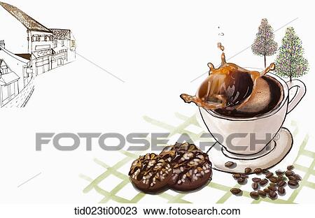 Drawing - A cup of coffee and the donut. Fotosearch