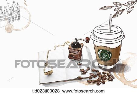 Stock Illustration - A cup of coffee and the grinder, coffee bean, watch on the notebook. Fotosearch