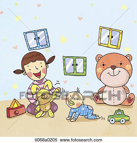 Stock Illustration - A girl and baby playing with toy . Fotosearch
