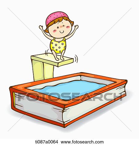 Stock Illustration - A girl diving into the book pool. Fotosearch