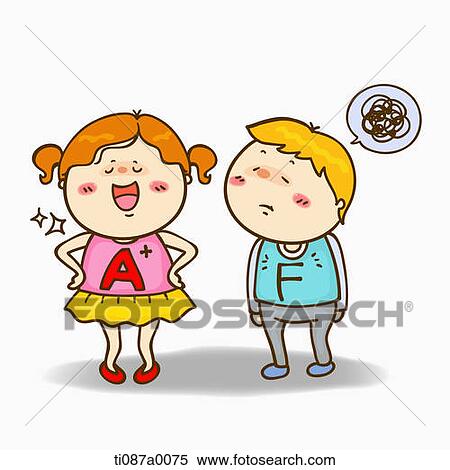 A girl happy with highest grade and boy unhappy with poor grade View Large Illustration Stock Illustration - A girl happy with highest grade and boy unhappy with poor grade. Fotosearch