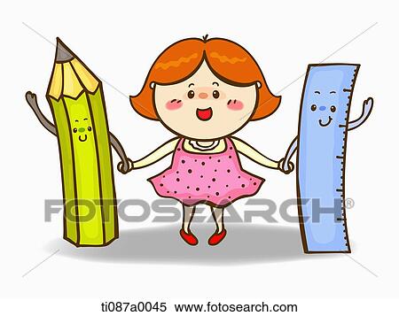 Stock Illustration - A girl holding hands with pencil and ruler. Fotosearch