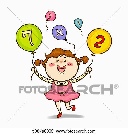 A girl holding up the calculation balloon View Large Illustration Drawing - A girl holding up the calculation balloon. Fotosearch