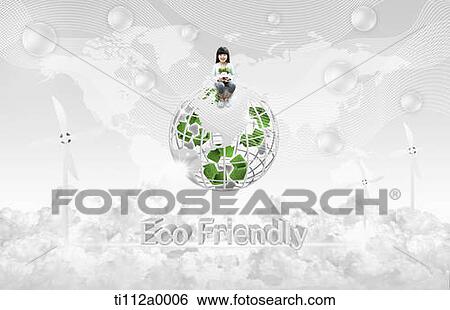 Stock Illustration - A girl on the eco-friendly globe . Fotosearch