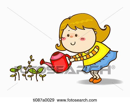 A girl watering the grass View Large Illustration Stock Illustration - A girl watering the grass. Fotosearch