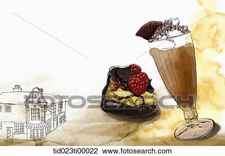 Drawing - A glass of ice coffee and a piece of cake. Fotosearch